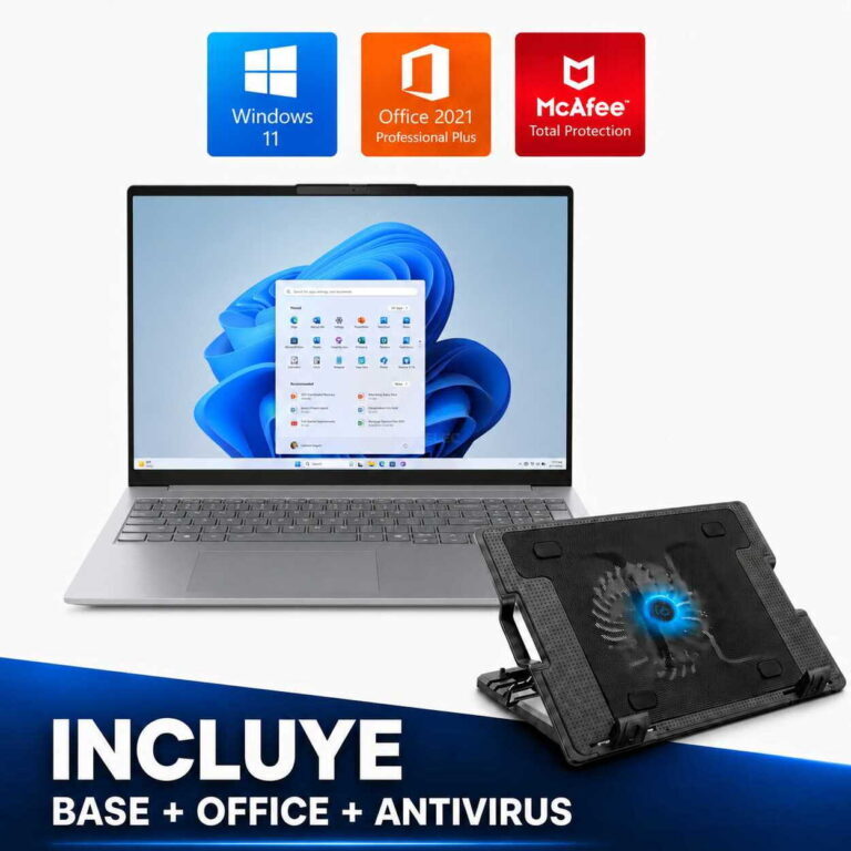 Laptop displaying Windows 11 desktop with Office 2021 and McAfee icons above; cooling pad beside the laptop. Includes base, Office, and antivirus software.
