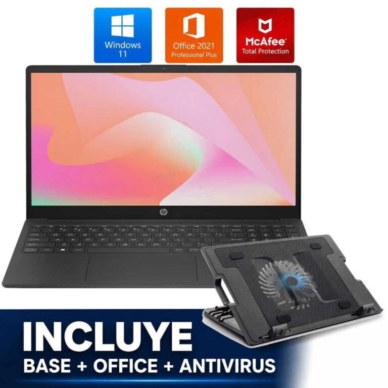 HP laptop with colorful screen, plus Windows 11, Office 2021, and McAfee logos above; banner text says 'INCLUYE BASE + OFFICE + ANTIVIRUS' for included software