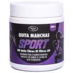 White plastic jar of 'Quita Manchas SPORT' cream with a purple label and athlete silhouettes on a white background.
