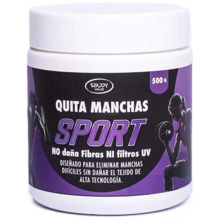 White plastic jar of 'Quita Manchas SPORT' cream with a purple label and athlete silhouettes on a white background.