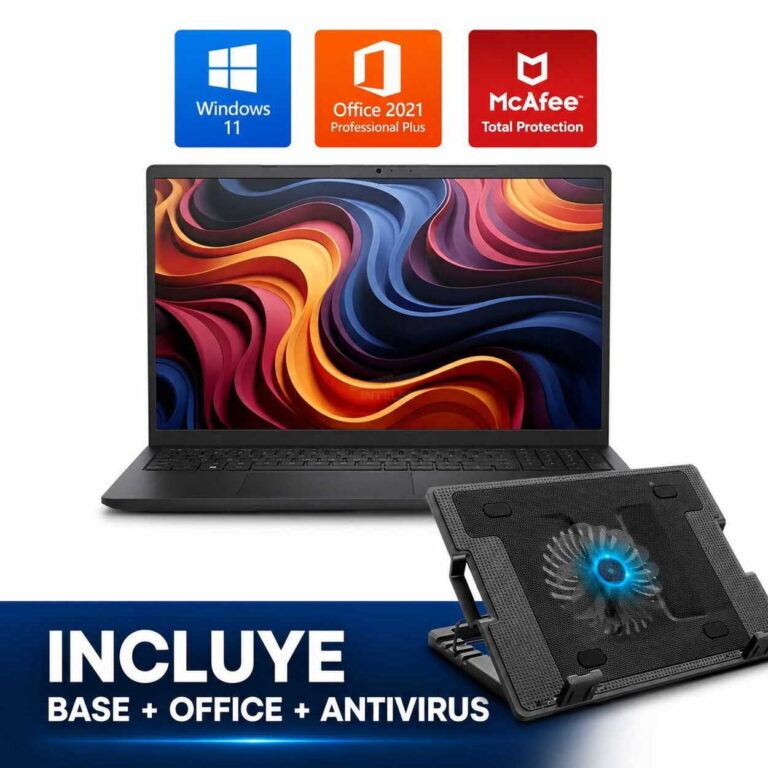Laptop with a vibrant display; icons for Windows 11, Office 2021, and McAfee above, plus a cooling fan accessory. Text: includes Base + Office + Antivirus.