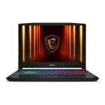 MSI gaming laptop with a rainbow RGB keyboard and orange neon columns reflected on the display behind a gold MSI shield logo on a black background.