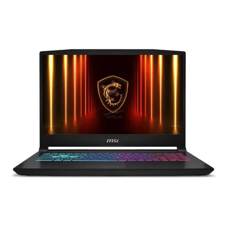 MSI gaming laptop with a rainbow RGB keyboard and orange neon columns reflected on the display behind a gold MSI shield logo on a black background.