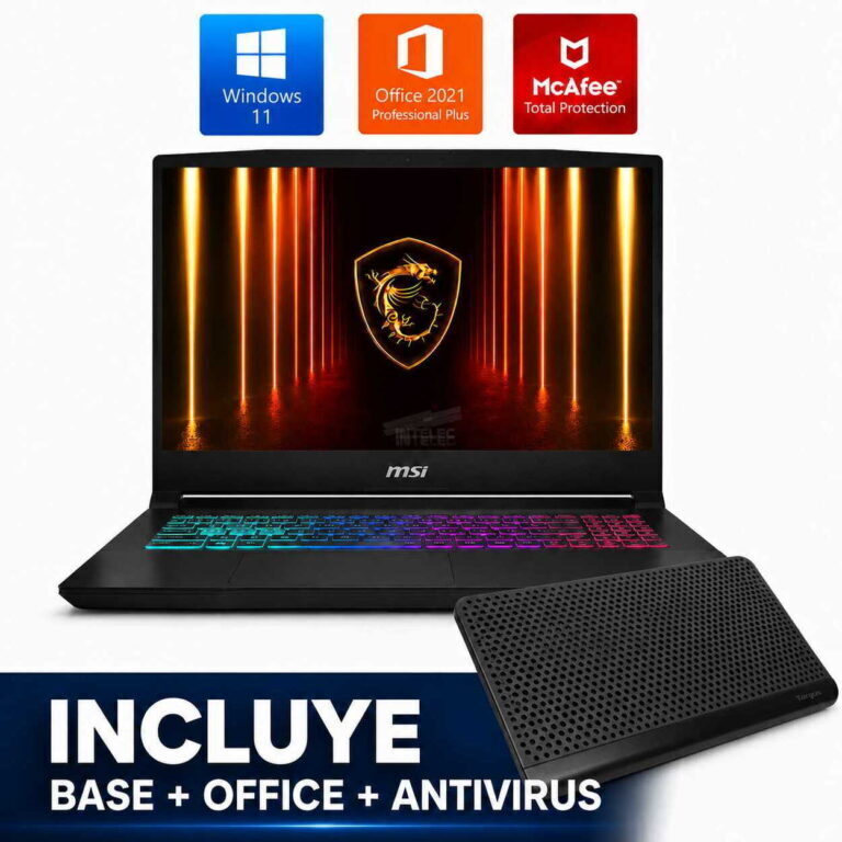 MSI laptop with RGB keyboard and external speaker; icons for Windows 11, Office 2021, and McAfee above; Spanish text announces included base, Office, and antivirus.