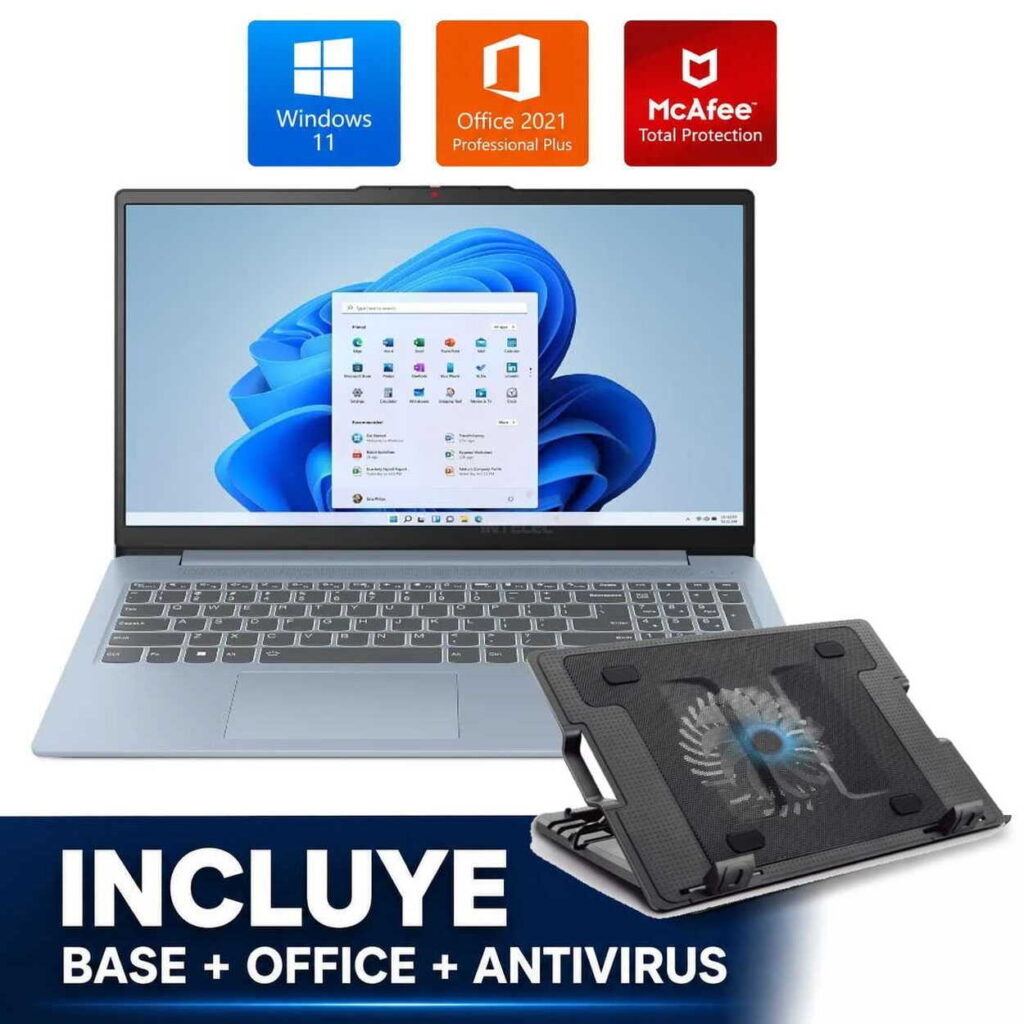 Laptop with Windows 11, Office 2021, and McAfee Total Protection icons above; shows a detachable stand and a bundle caption in Spanish: 'INCLUYE BASE + OFFICE + ANTIVIRUS'