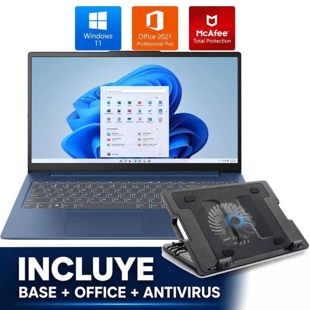 Laptop showing Windows 11 desktop with a row of software logos (Windows 11, Office 2021, McAfee Total Protection) above it; banner reads 'INCLUYE BASE + OFFICE + ANTIVIRUS'—promotional bundle image.