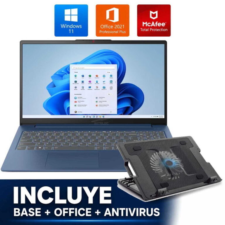 Laptop showing Windows 11 desktop with Office 2021 and McAfee Total Protection icons above; banner reads 'INCLUYE BASE + OFFICE + ANTIVIRUS'.
