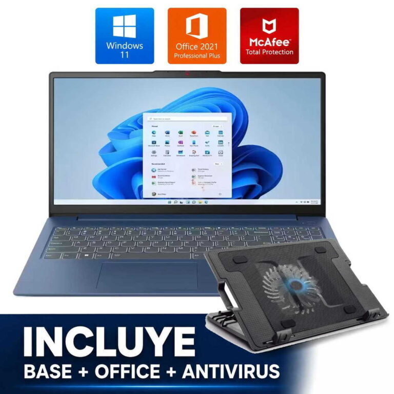 Promotional image of a blue laptop with Windows 11, Office 2021, and McAfee logos above; cooling stand shown; bundle includes base, Office, and antivirus.
