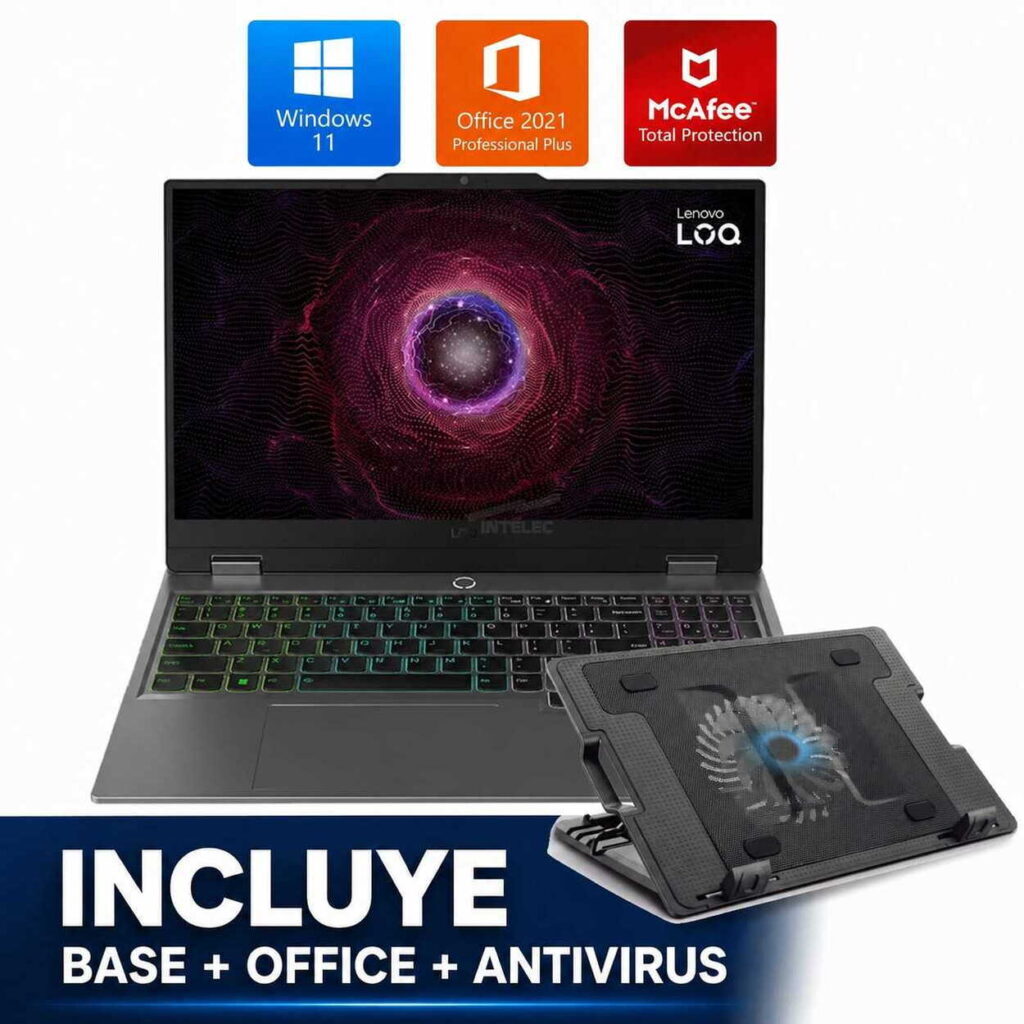 Promo image: Lenovo laptop with RGB keyboard and cooling base; Windows 11, Office 2021, and McAfee logos above the screen. Includes base, Office, and antivirus.