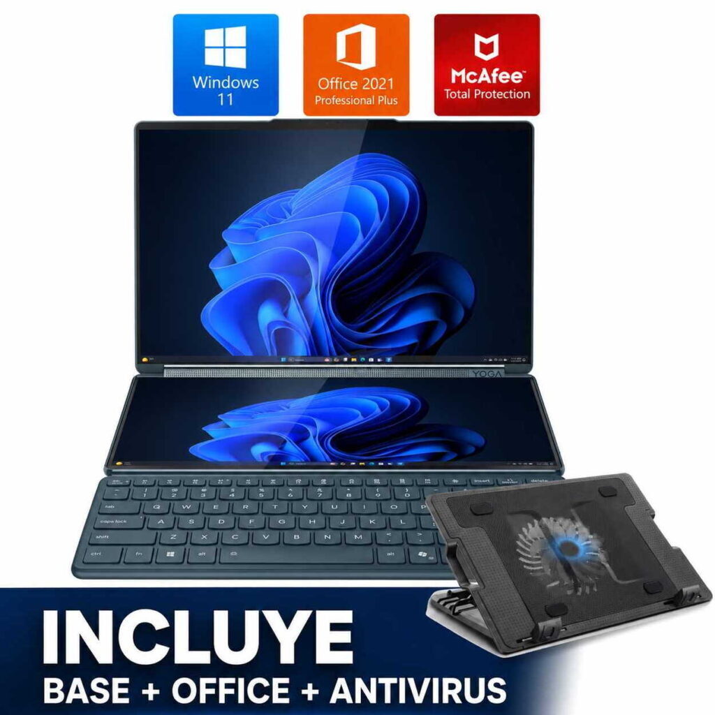 Foldable dual‑screen laptop with blue wallpaper; icons for Windows 11, Office 2021, and McAfee above; 'INCLUDE' offer text.