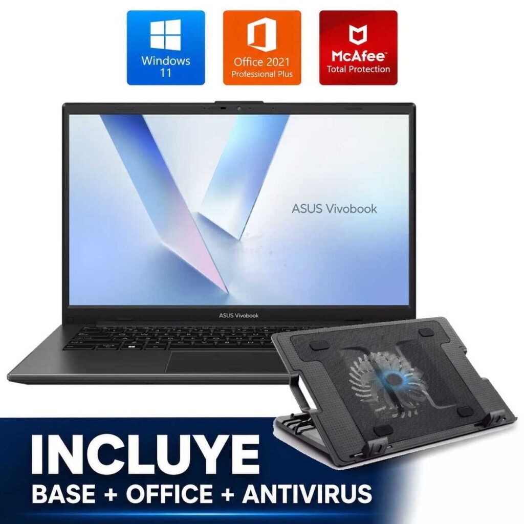 ASUS Vivobook laptop with Windows 11, Office 2021, and McAfee Total Protection icons above; bundle includes base, Office, and antivirus.