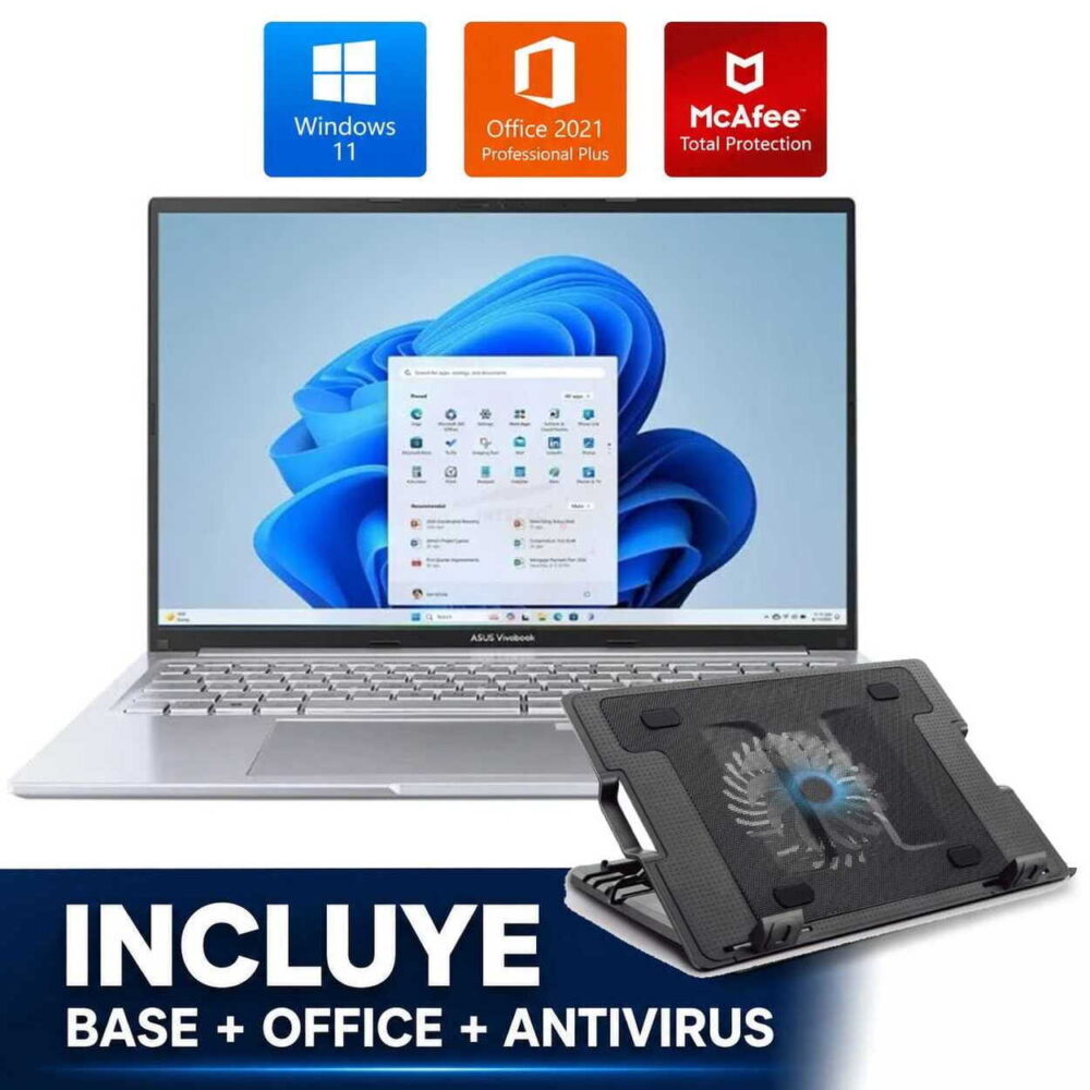 ASUS VivoBook laptop shown with Windows 11, Office 2021, and McAfee icons; includes a cooling stand accessory and antivirus bundle.