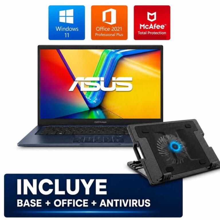 ASUS Vivobook laptop with a colorful screen, plus Windows 11, Office 2021, and McAfee icons, and a cooling pad accessory.