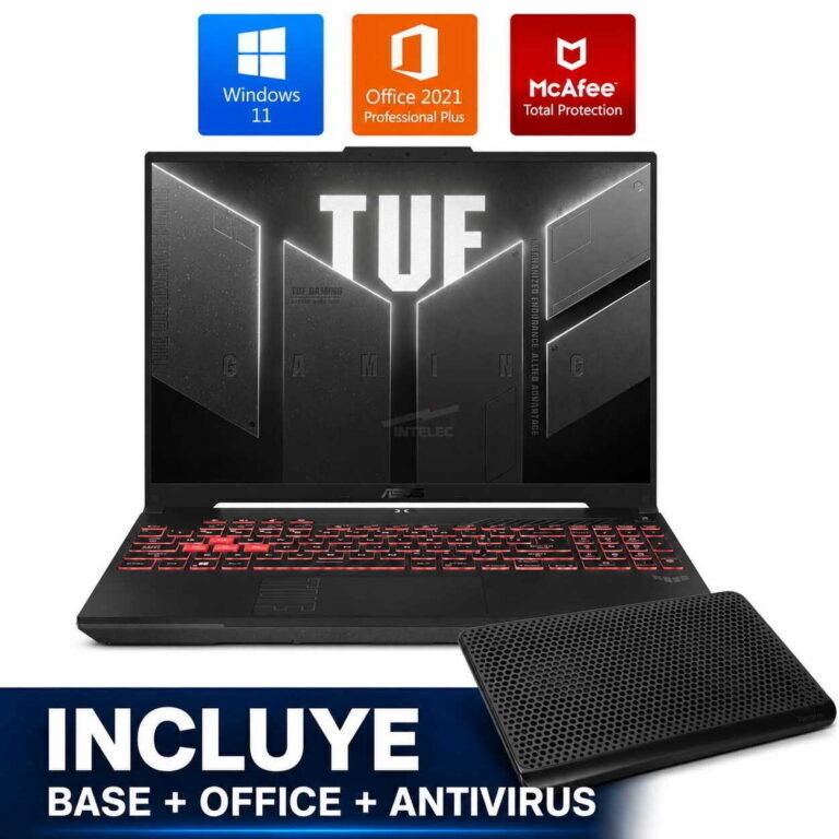 Black ASUS TUF gaming laptop with red-backlit keyboard; above it are Windows 11, Office 2021, and McAfee icons, and a banner reading INCLUDE BASE + OFFICE + ANTIVIRUS.