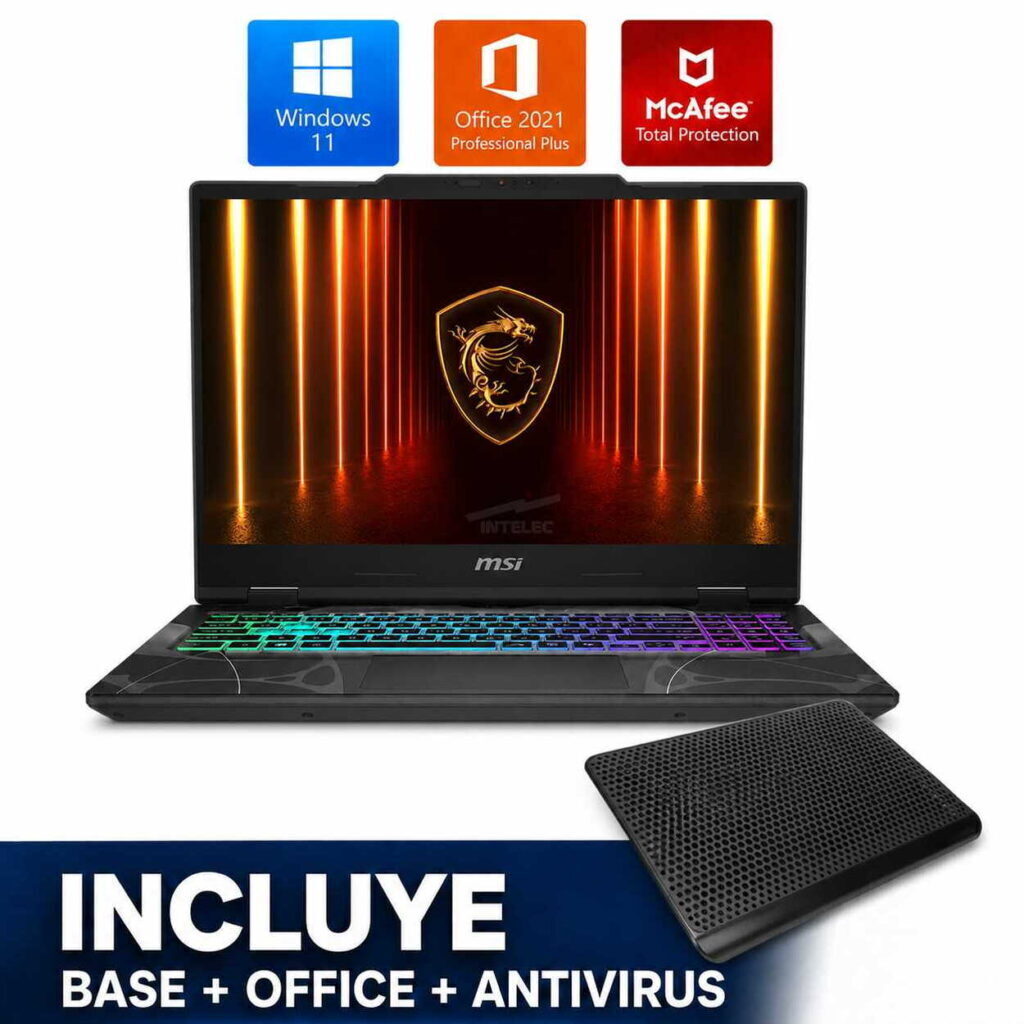 MSI gaming laptop with rainbow backlit keyboard, plus external hard drive, advertising Windows 11, Office 2021, and McAfee Total Protection bundle.