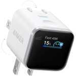 White Anker wall charger with two foldable prongs and a black front display showing 'Fast 40W' and a 15% battery indicator (informational product image).