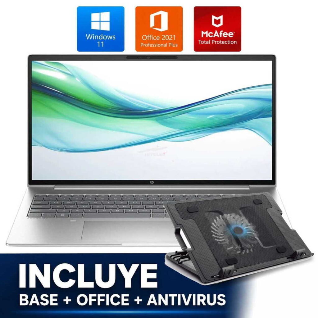 Laptop with Windows 11, Office 2021, and McAfee icons above; promo shows bundled software inclusion (base, Office, antivirus).