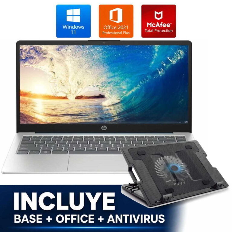 HP laptop with Windows 11, Office 2021, and McAfee icons above; banner says 'INCLUYE BASE + OFFICE + ANTIVIRUS'.