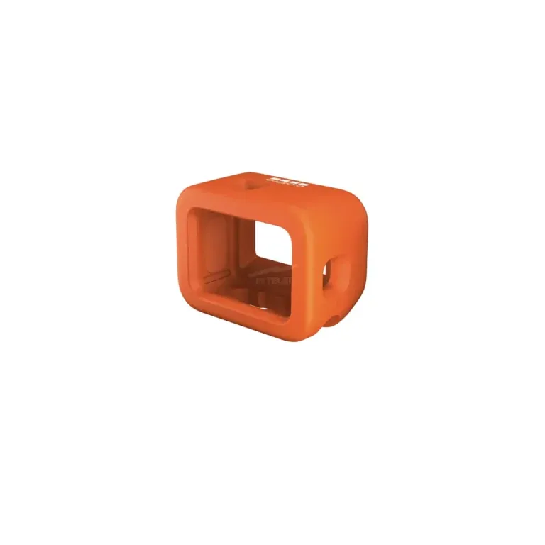Orange protective camera housing with a square, rounded frame and large central opening for the device inside.