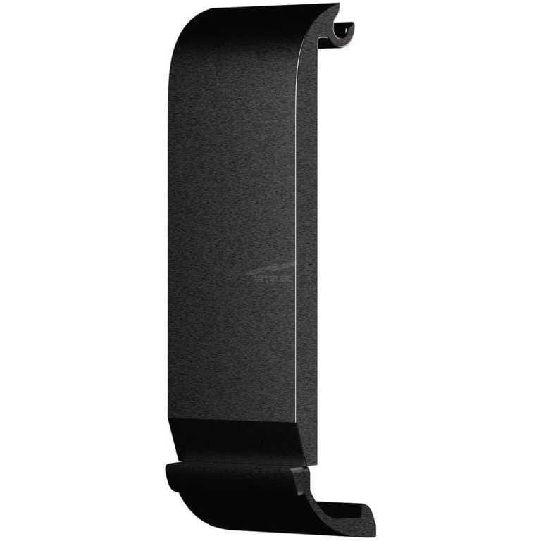 Tall black decorative metal scroll bracket with curled ends, viewed from the side.