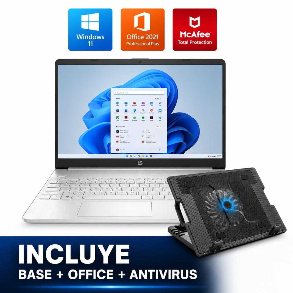 HP laptop open to Windows 11 desktop with a cooling pad on the keyboard; icons above show Windows 11, Office 2021, and McAfee Total Protection, and a bottom banner reads 'INCLUYE BASE + OFFICE + ANTIVIRUS'