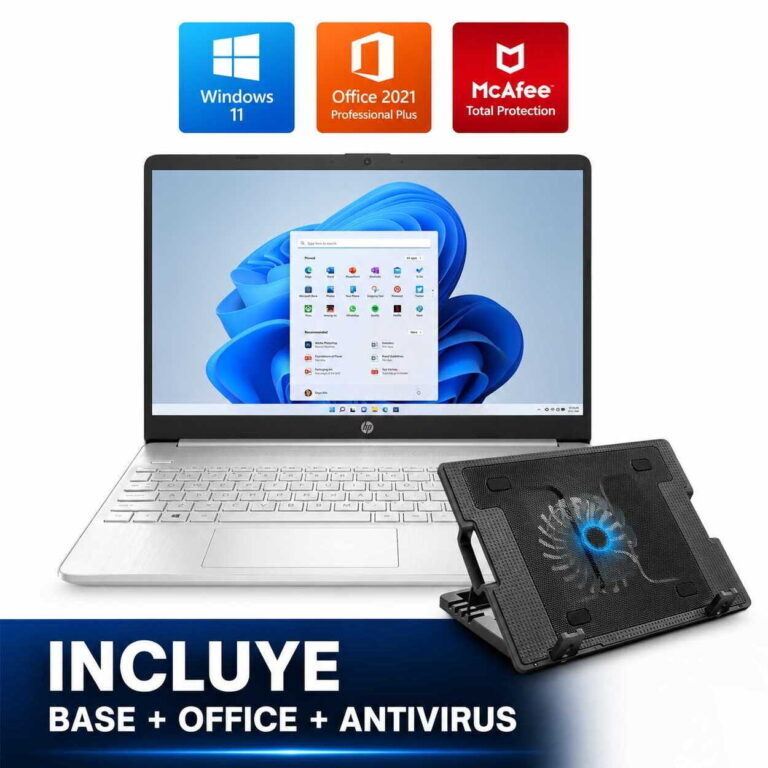 HP laptop open to Windows 11 desktop with a cooling pad on the keyboard; icons above show Windows 11, Office 2021, and McAfee Total Protection, and a bottom banner reads 'INCLUYE BASE + OFFICE + ANTIVIRUS'