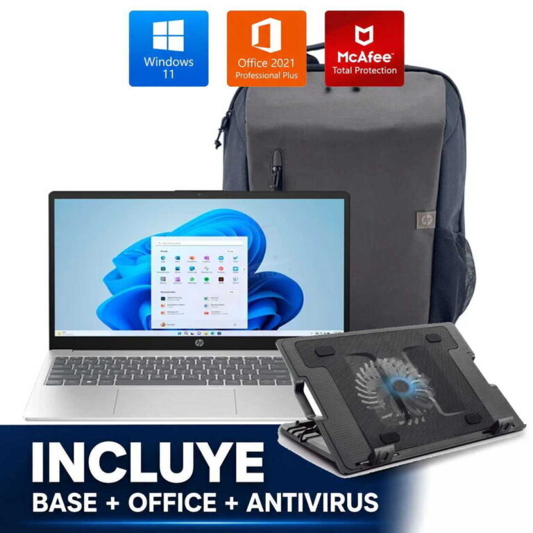 Laptop bundle with backpack, laptop stand, and logos for Windows 11, Office 2021, and McAfee Total Protection (includes base, Office, antivirus) in Spanish promotional graphic.