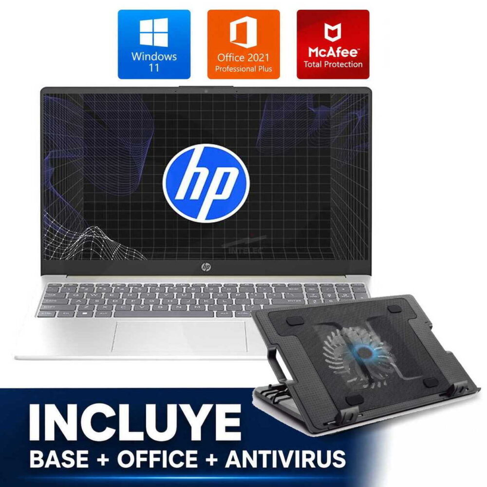 HP laptop with Windows 11, Office 2021, and McAfee Total Protection logos above; cooling stand included; banner text reads 'INCLUYE BASE + OFFICE + ANTIVIRUS'