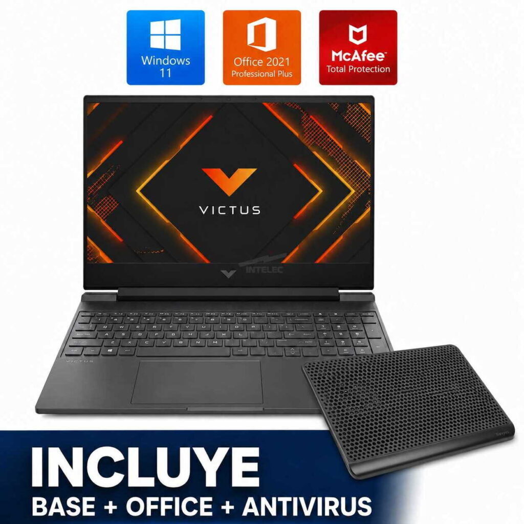 Victus laptop on a white background with three software logos above (Windows 11, Office 2021, McAfee Total Protection) and a bold 'INCLUYE' banner indicating bundled software (base, Office, antivirus).