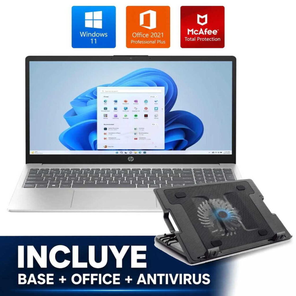 Laptop with Windows 11, Office 2021, and McAfee icons visible above; cooling stand nearby; promo text indicates base, Office, and antivirus included.