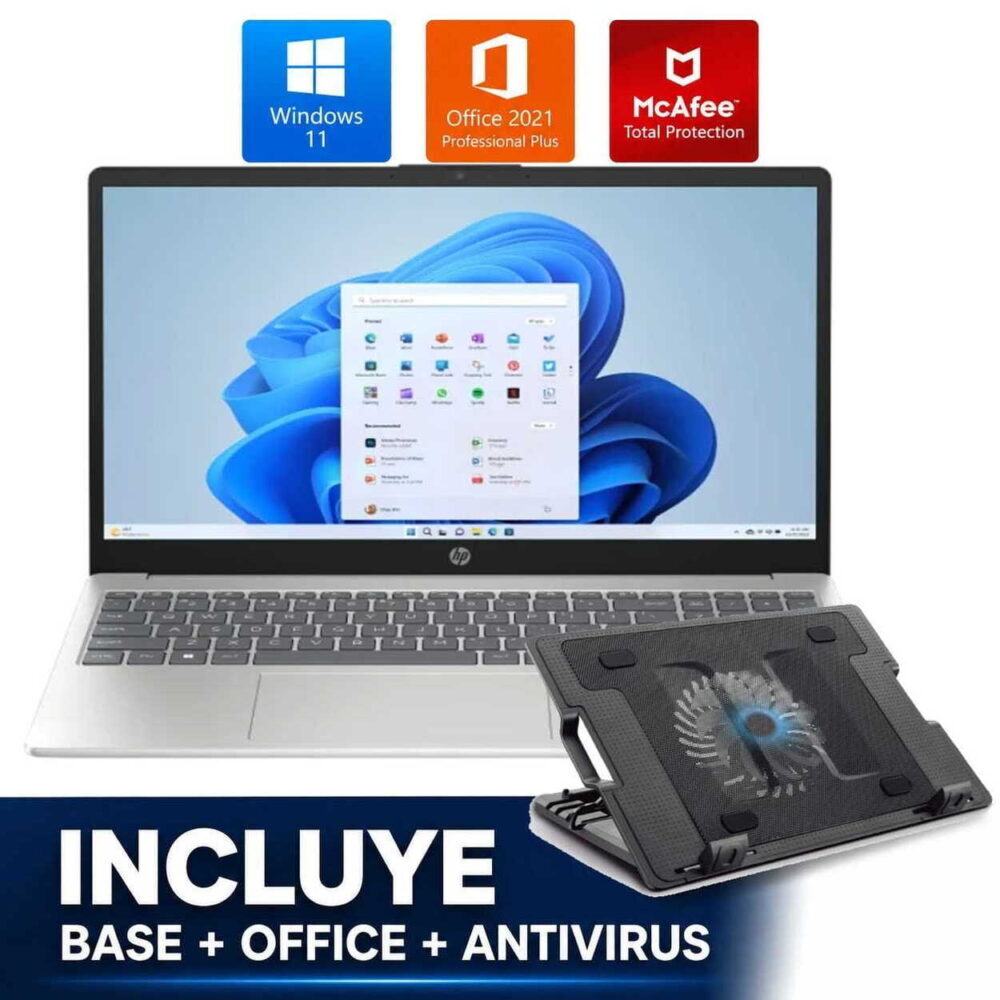 HP laptop with Windows 11, Office 2021 Pro Plus and McAfee Total Protection icons above; banner reads 'INCLUYE BASE + OFFICE + ANTIVIRUS' (advertisement).