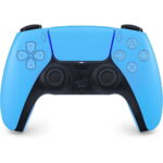 Blue PlayStation 5 DualSense controller front view with D-pad, analog sticks, and action buttons on a white background