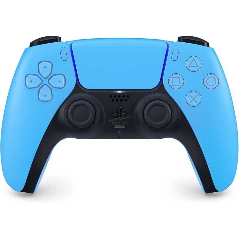 Blue PlayStation 5 DualSense controller front view with D-pad, analog sticks, and action buttons on a white background