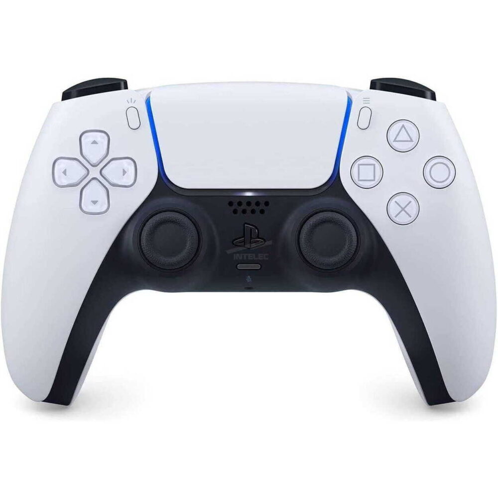 White PS5 DualSense wireless controller with blue light bar and black grips (D‑pad left, triangle/square/circle/x buttons on right).