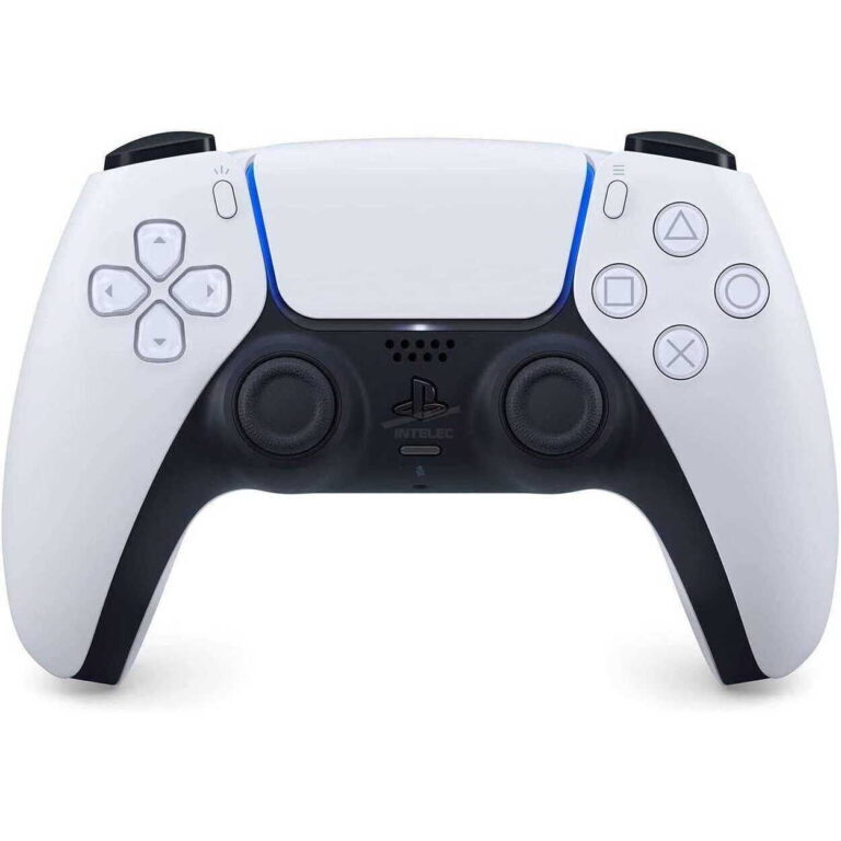White PS5 DualSense wireless controller with blue light bar and black grips (D‑pad left, triangle/square/circle/x buttons on right).