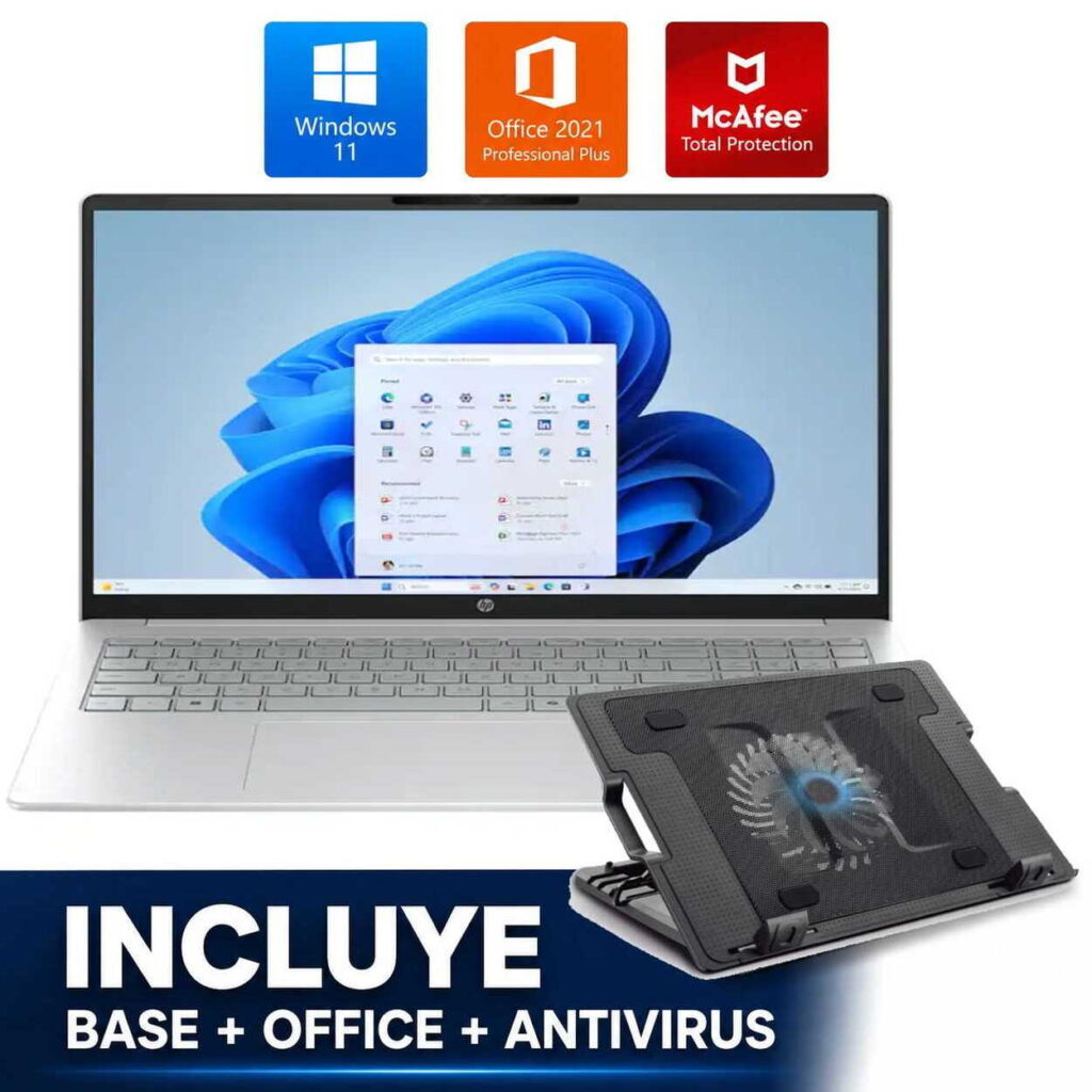 Laptop displaying Windows 11 desktop with Office 2021 and McAfee icons above; bottom banner reads 'INCLUYE BASE + OFFICE + ANTIVIRUS'.
