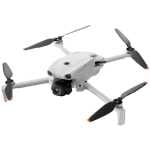 White quadcopter drone with four propellers and a mounted camera, shown from above on a white background.