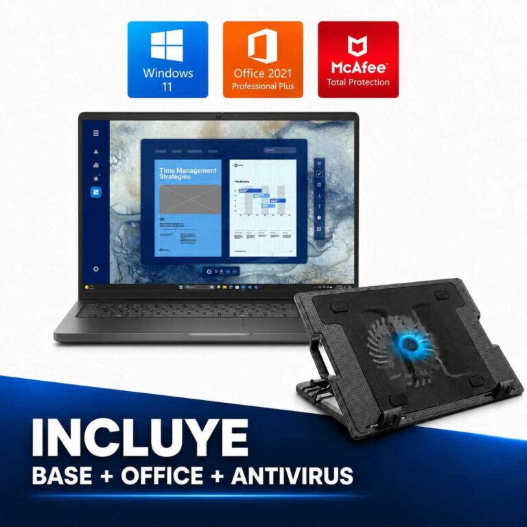 Promo image advertising Windows 11, Office 2021, and McAfee Total Protection with a laptop setup and a cooling pad; includes 'Incluye base + Office + Antivirus' text.