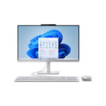 Lenovo all-in-one desktop with a large screen, wired keyboard and mouse on a white background with a Windows desktop shown