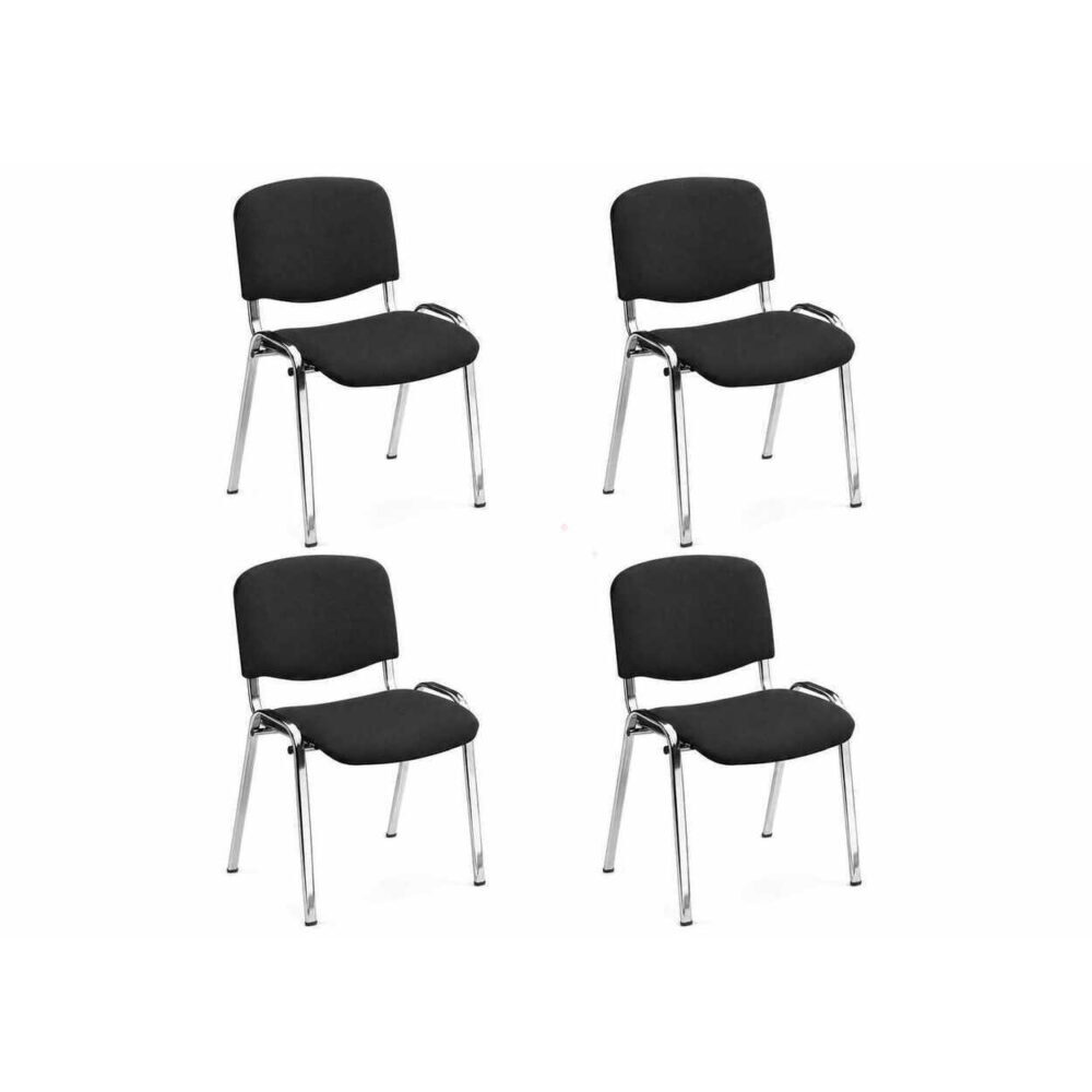 Four black chairs with chrome legs arranged in a 2x2 grid on a white background.