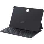 Black tablet with a magnetic folding keyboard case open, back panel visible with a circular camera cutout, viewed at an angle, on a stand.