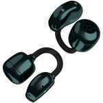 Glossy teal wireless earbuds connected by a curved black neckband, set against a black background.