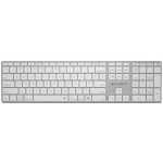 Full-size white keyboard with gray frame and numeric keypad on the right used for typing and desktop input.