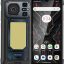 Rugged black smartphone with reinforced frame, large rear camera module and a yellow LED panel on the back; front displays Android home screen with app icons.