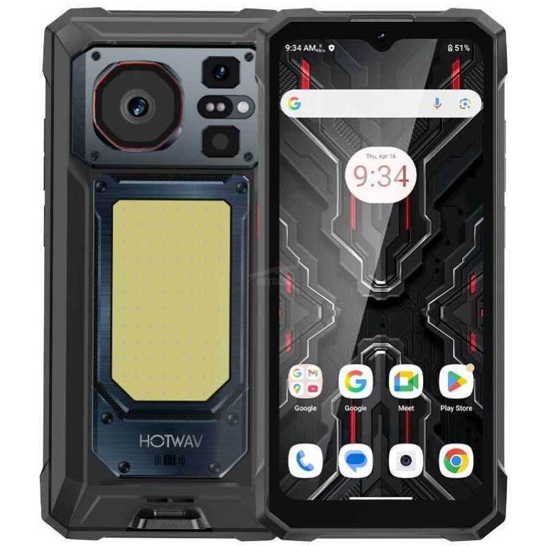 Rugged black smartphone with reinforced frame, large rear camera module and a yellow LED panel on the back; front displays Android home screen with app icons.