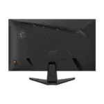 Rear view of a black gaming monitor on a V-shaped stand, with a red power LED and a logo on the back.
