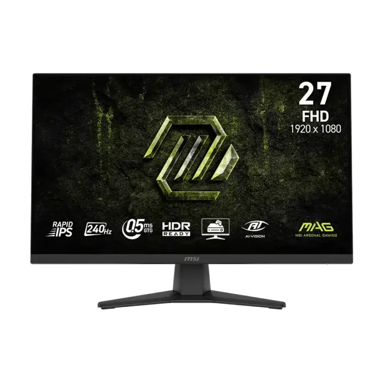 27-inch MSI gaming monitor in full HD (1920x1080) with green logo on a dark textured screen.','MSI 27" FHD gaming monitor showing feature icons (240Hz, 0.5ms GTG, HDR Ready) beneath the screen.','Gaming monitor: 27" MSI display with bottom feature logos and a bold green MSI emblem on a dark background.','27-inch MSI gaming monitor with 1920x1080 resolution and performance badges (240Hz, 0.5ms GTG, HDR Ready).','MSI 27" FHD gaming monitor on a stand, screen displaying the MSI logo and several capability icons along the bottom.