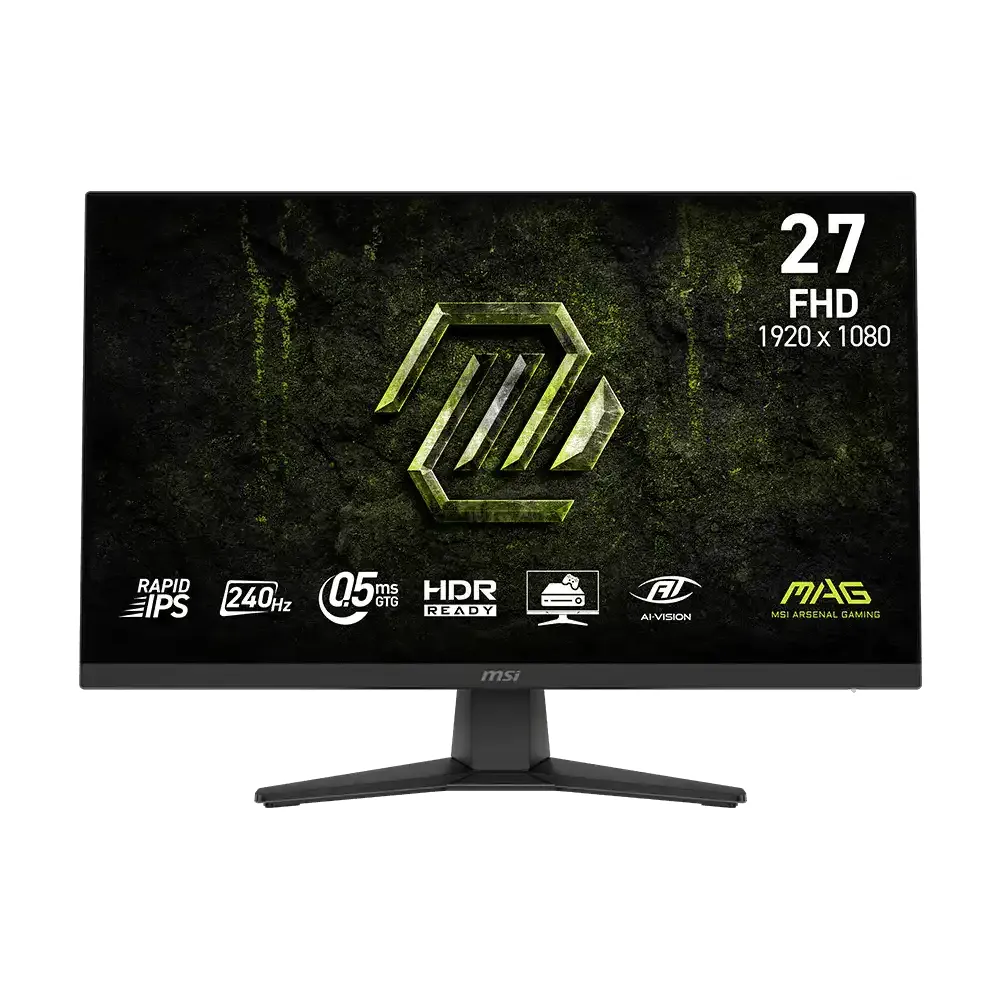 MAG 272F X24 27-inch MSI gaming monitor in full HD (1920x1080) with green logo on a dark textured screen.','MSI 27" FHD gaming monitor showing feature icons (240Hz, 0.5ms GTG, HDR Ready) beneath the screen.','Gaming monitor: 27" MSI display with bottom feature logos and a bold green MSI emblem on a dark background.','27-inch MSI gaming monitor with 1920x1080 resolution and performance badges (240Hz, 0.5ms GTG, HDR Ready).','MSI 27" FHD gaming monitor on a stand, screen displaying the MSI logo and several capability icons along the bottom.