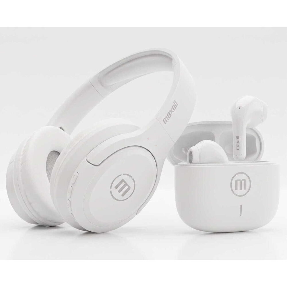 White over-ear wireless headphones with a white charging case, brand Maxell, on a clean white background.