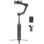 DJI handheld gimbal with adjustable arm and tripod base, plus modular accessories for action cams at right side
